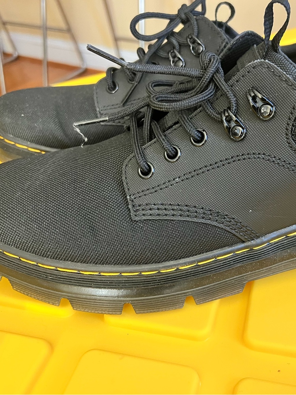 Dr. Martens Black Canvas Low Lace-Up Boots with Yellow Stitching